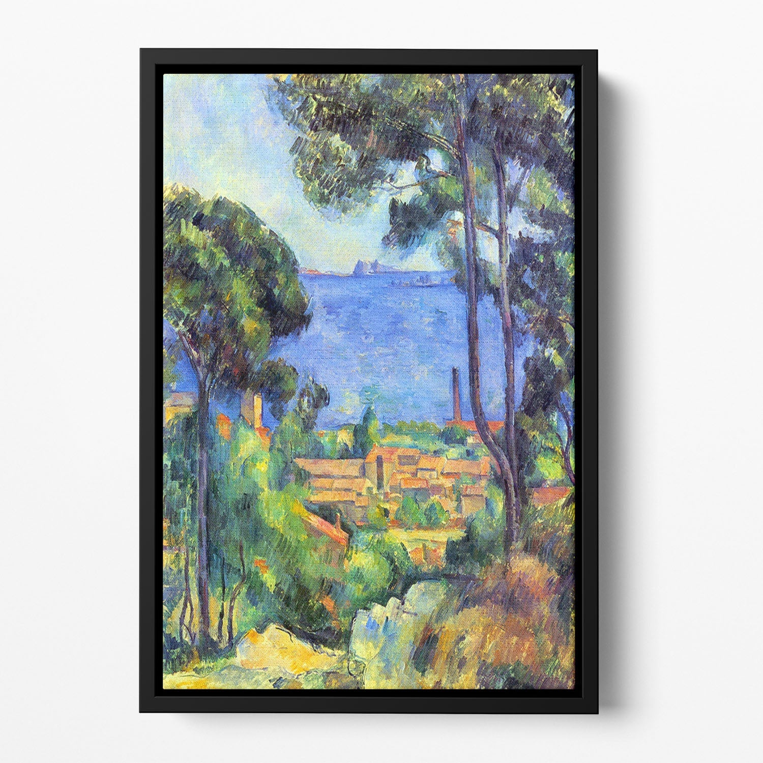 Floating framed canvas featuring Cezanne's vibrant abstract landscape art, showcasing rich colors and elegant design.